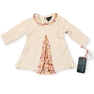 Cynthia Rowley Girls Tan Knit Dress Pink Floral Ruffles & Insert 3-6 Months NWT